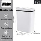 White trash bin with charging style features and dimensions on a gray background