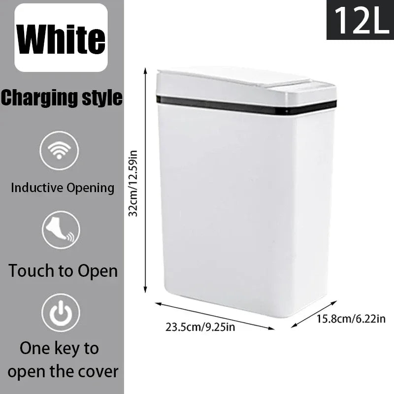 White trash bin with charging style features and dimensions on a gray background
