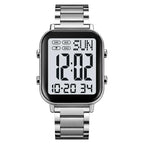 Digital watch with metal strap on a white background, featuring the Skmei brand.