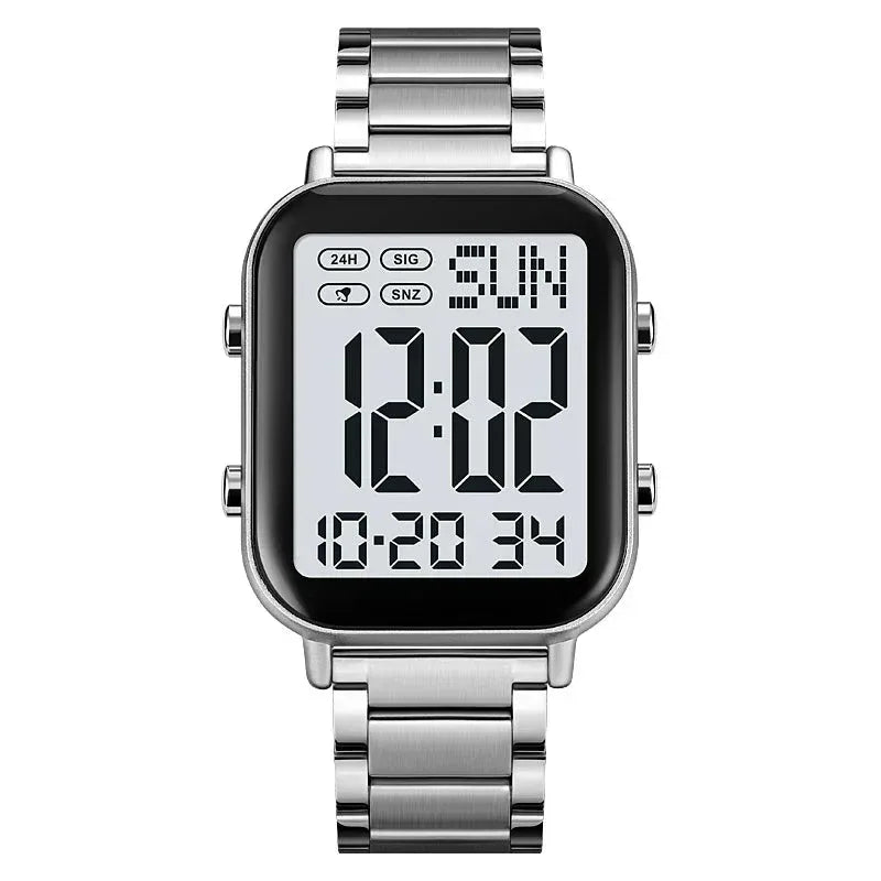 Digital watch with metal strap on a white background, featuring the Skmei brand.