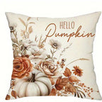 A square decorative throw pillow with a warm autumn design featuring the text 'HELLO Pumpkin' in brown script over a cream background, decorated with illustrated pumpkins, flowers, and leaves.