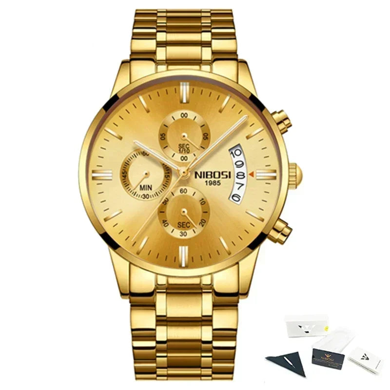 Gold wristwatch withNibosi branding on a white background