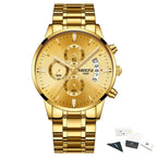 Gold wristwatch withNibosi branding on a white background