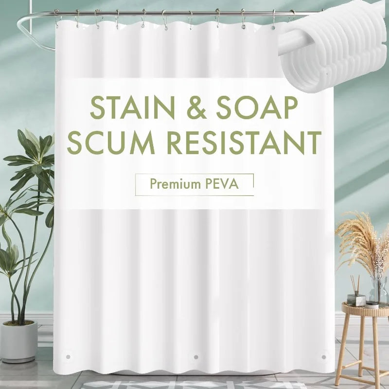 White shower curtain with 'Stain & Soap Scum Resistant' text and 'Premium PEVA' label, hanging in a bathroom.
