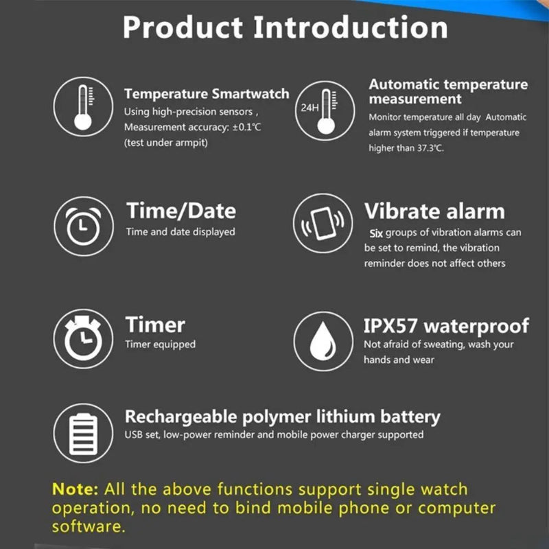 Product introduction slide for a temperature smartwatch with features listed.