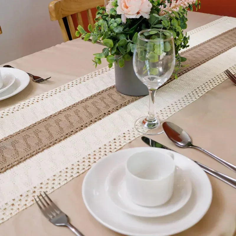 EMESA HOME Burlap Boho Table Runner – Rustic Woven Cotton with Crochet Lace, Modern Farmhouse Style Tabletop - EMESA HOME™
