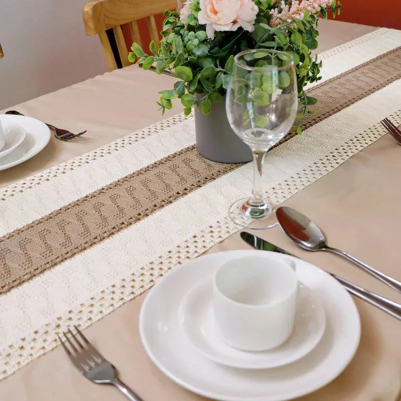 EMESA HOME Burlap Boho Table Runner – Rustic Woven Cotton with Crochet Lace, Modern Farmhouse Style Tabletop - EMESA HOME™
