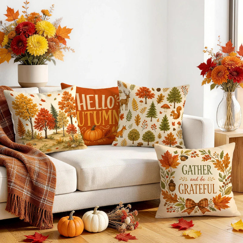 Four decorative autumn throw pillows arranged on a white sofa in a styled living room. The pillows feature fall-themed prints including trees, pumpkins, deer, leaves, and phrases like 'HELLO AUTUMN' and 'GATHER and be GRATEFUL.