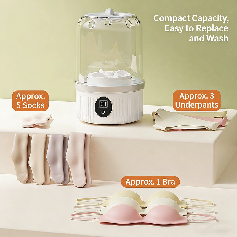 White electronic device with a clear dome on top, surrounded by laundry items on a light green background.