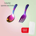 Colorful spoon and fork set with a transparent lunch box on a gradient background