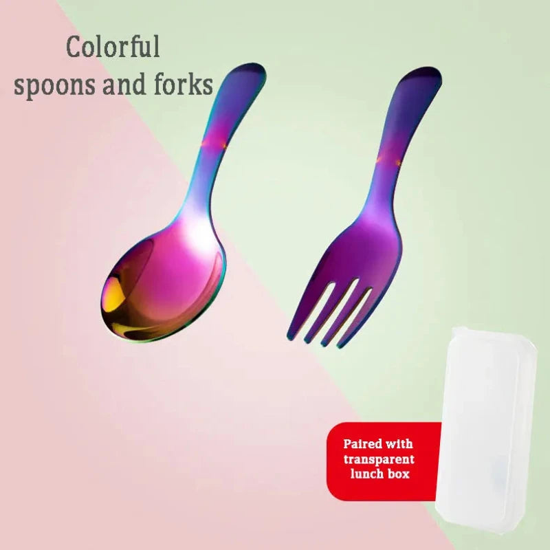 Colorful spoon and fork set with a transparent lunch box on a gradient background
