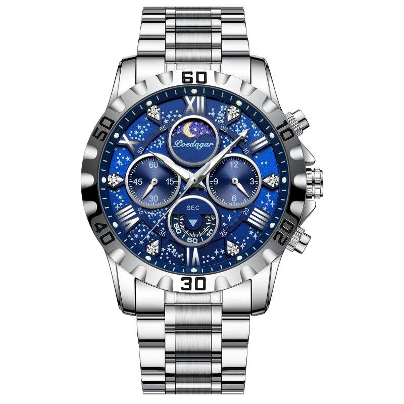 EMESA HOME Luxury Men’s Quartz Watch – Waterproof Stainless Steel Chronograph Sports Wristwatch with Luminous Display 973 Silver Blue