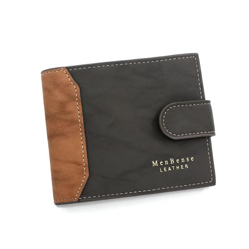 Black leather wallet with brown accent and 'MenBense Leather' branding on a white background