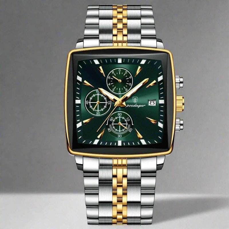 EMESA HOME Luxury Square Sport Man Wristwatch Waterproof Luminous Chronograph Quartz Men's Watches Stainless Steel Gold Green