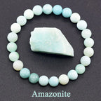 Amazonite bracelet with a piece of raw Amazonite stone on a dark background