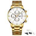 Gold wristwatch with white face andNibosi branding on a white background