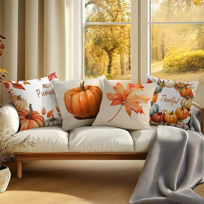 Four autumn-themed throw pillows arranged on a white sofa in a bright living room. The pillows feature watercolor-style pumpkins, orange maple leaves, and the words 'Hello Pumpkin' and 'Thankful.