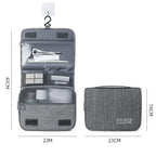 Gray travel toiletry bag with dimensions indicated on a white background