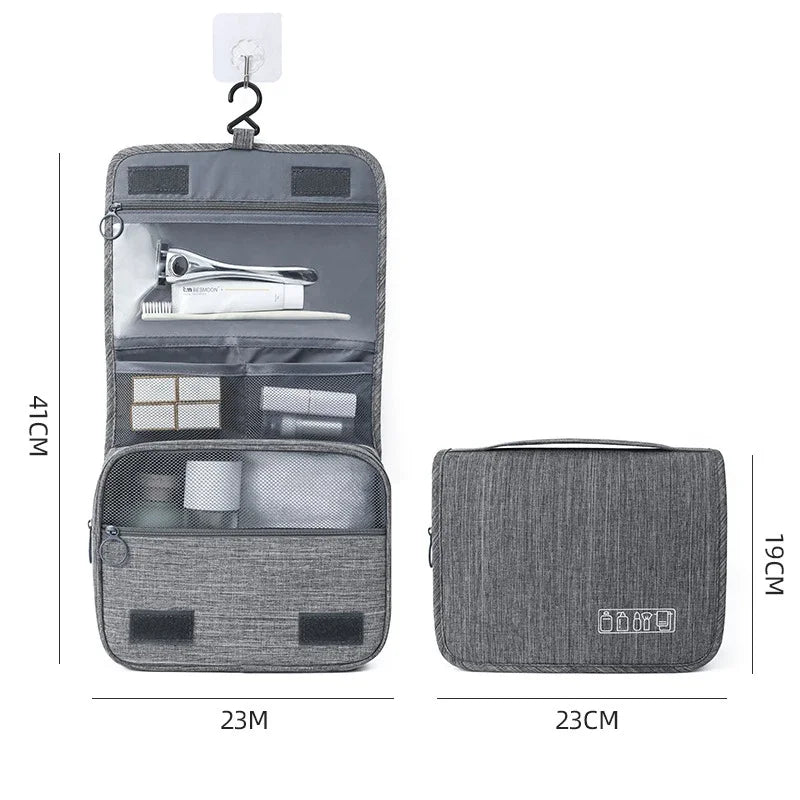 Gray travel toiletry bag with dimensions indicated on a white background