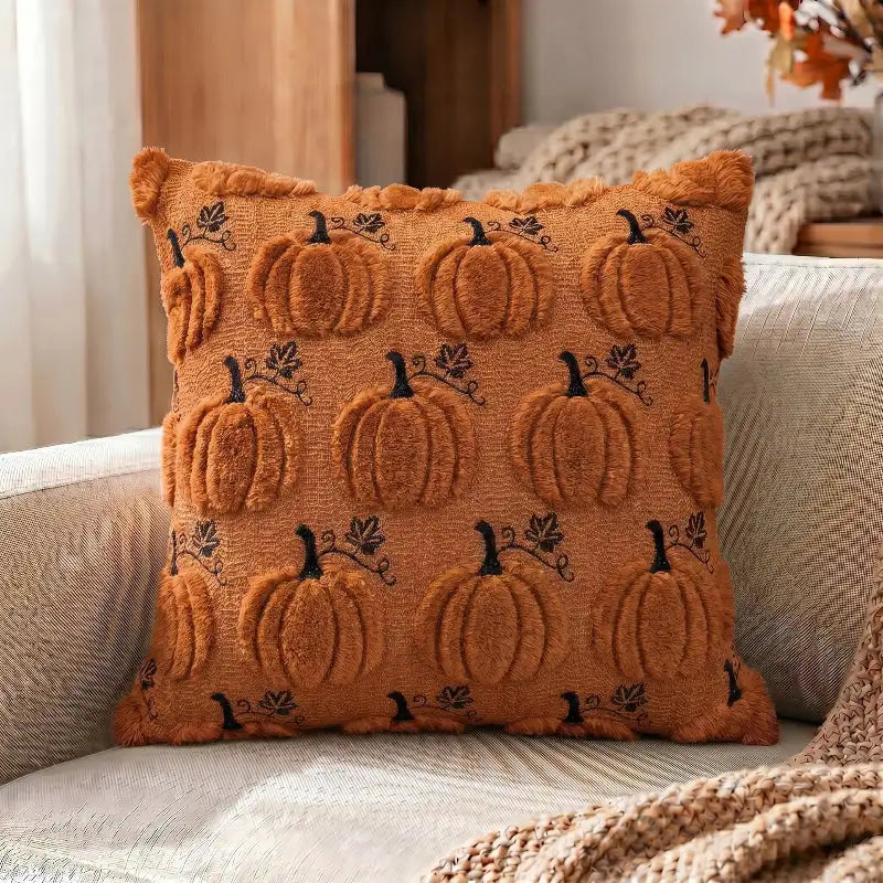 A square throw pillow in a warm rust-orange color, featuring a 3D textured pumpkin pattern with black stems and leaves, resting on a cozy beige couch with a knit blanket nearby.