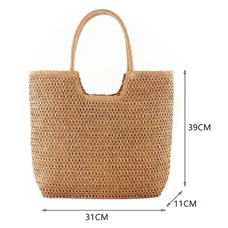 Woven handbag with dimensions on a white background