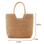Woven handbag with dimensions on a white background