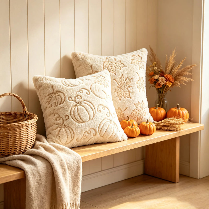 Two cream-colored textured throw pillows with embroidered autumn motifs, styled on a wooden bench next to a wicker basket, a beige throw blanket, and small pumpkins.