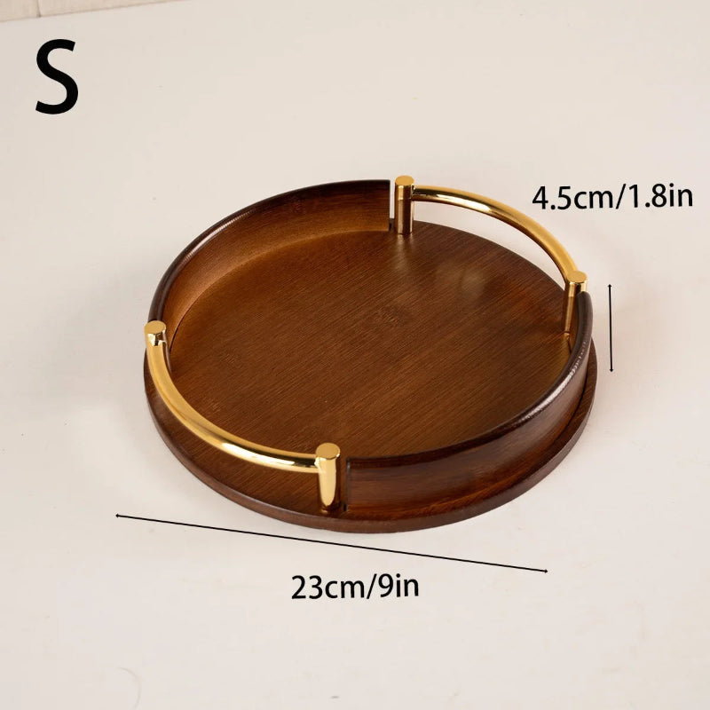 Wooden tray with gold handles and measurements on a white background