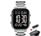 Digital watch with metal strap and accessories on a white background, featuring the brand 'SKMEI'.
