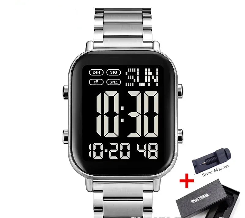 Digital watch with metal strap and accessories on a white background, featuring the brand 'SKMEI'.