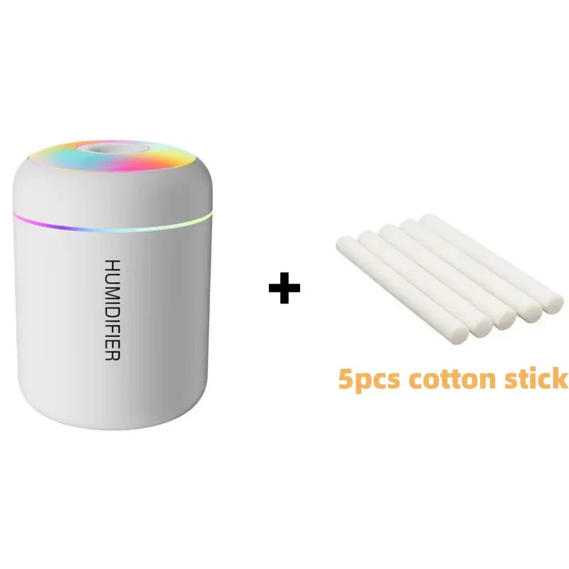 Humidifier with colorful light on top and five cotton sticks on a white background