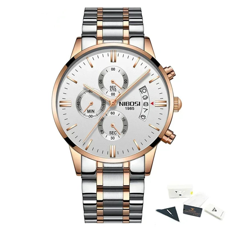 NIBOSI watch with silver and rose gold band on a white background