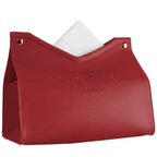 A red faux leather tissue box cover with a white tissue partially inserted, featuring the words 'shine happiness' and 'MAKE YOUR LIFE sunshine' embossed on the front.