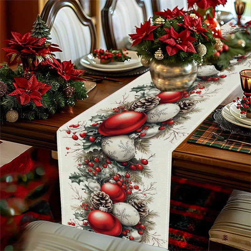 Decorative Christmas table setting with a table runner featuring red berries, pine cones, and white stones.