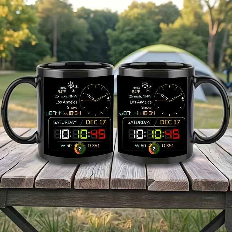 Two black mugs with digital display on a wooden surface outdoors.
