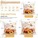 A product information graphic showing a decorative square pillow cover with autumn pumpkin artwork. The design includes the text 'Hello Pumpkin' above pumpkins and fall flowers.