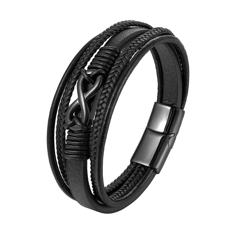 Black braided leather bracelet with metal clasp on a white background