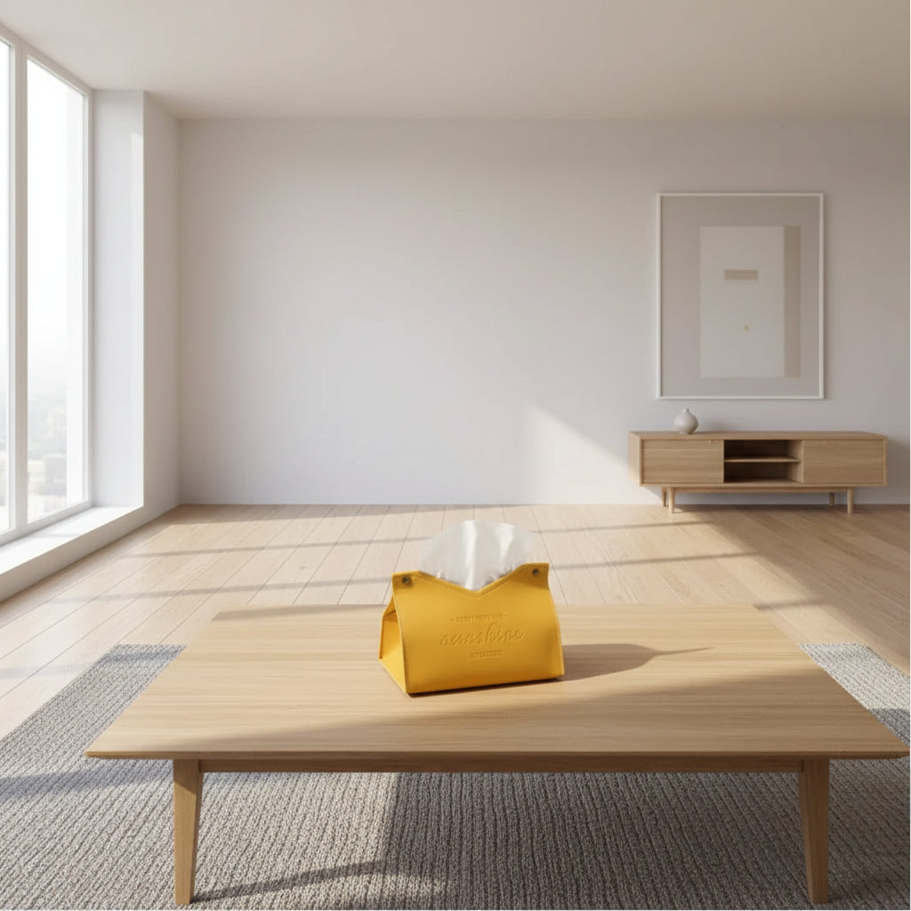 Yellow tissue holder with tissues on a wooden surface, featuring the brand 'Little Linen'.