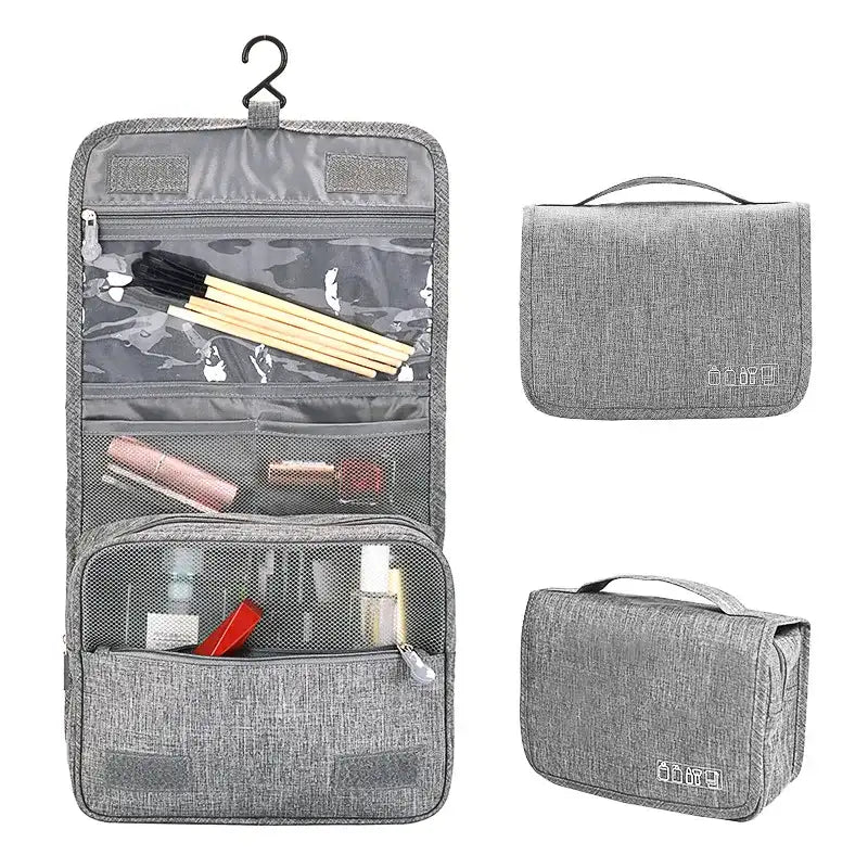 Gray fabric travel makeup bag shown open with compartments and included accessories, plus two smaller closed views on a white background.