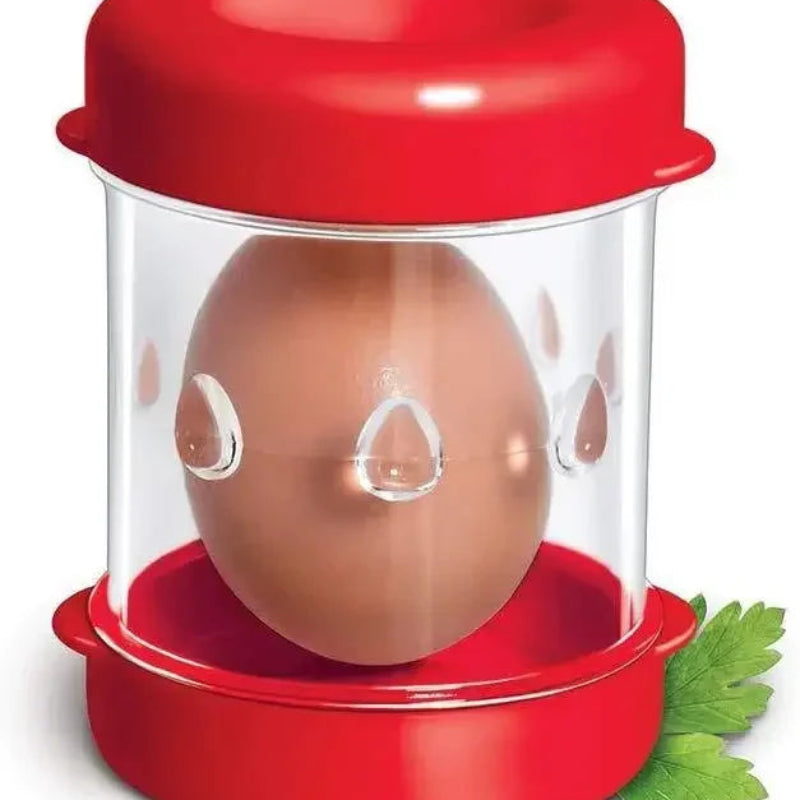 Red egg incubator with a clear lid containing a brown egg on a white background