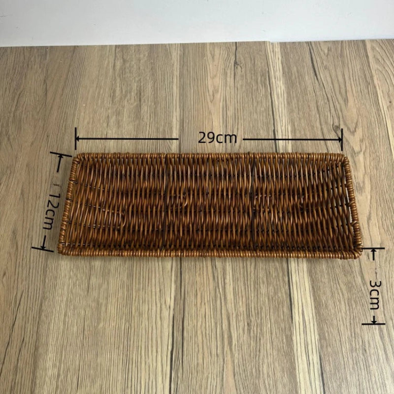 Wicker tray with dimensions on a wooden surface