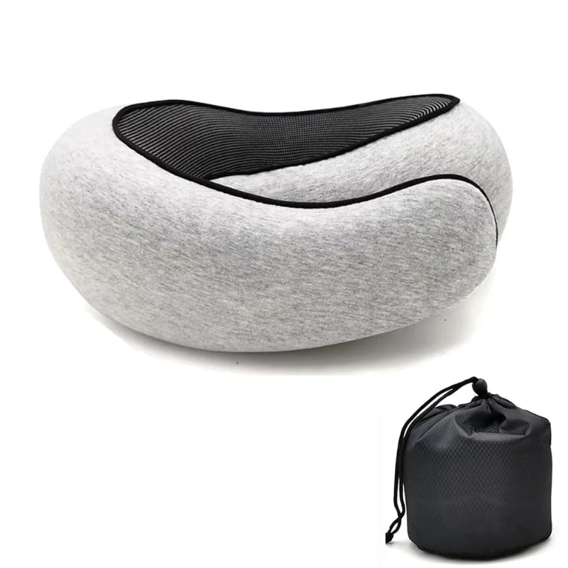 A light gray heathered travel neck pillow with a black mesh top panel, shown on a white background with a small black drawstring storage pouch in the lower right corner.