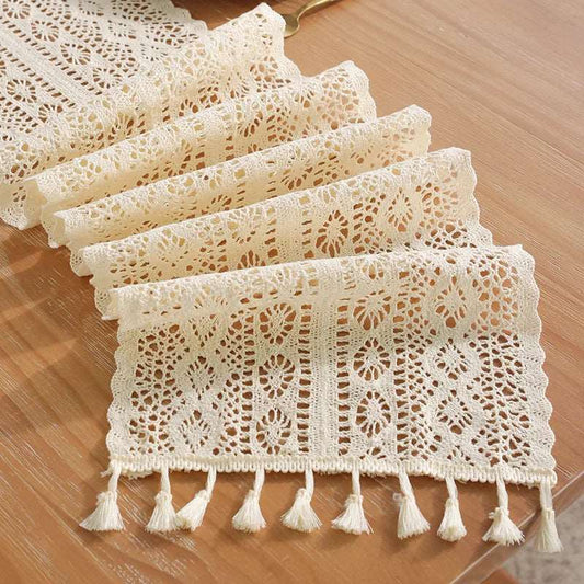 EMESA HOME Vintage Beige Table Runner with Crochet Lace, Cotton Blend, Tassels for Coffee Table, Wedding, and Christmas Décor.