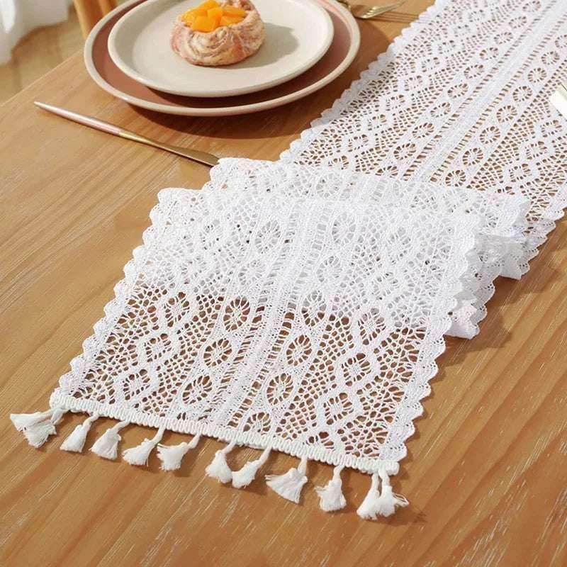 EMESA HOME Vintage Beige Table Runner with Crochet Lace, Cotton Blend, Tassels for Coffee Table, Wedding, and Christmas Décor. - EMESA HOME™