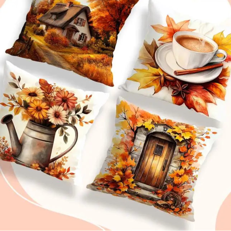 Four decorative throw pillow cases arranged on a light background with peach abstract shapes. The pillows feature autumn-themed printed designs: a house in fall foliage, a cup of coffee with maple leaves and cinnamon, orange flowers in a watering can, and a wooden door surrounded by autumn leaves.