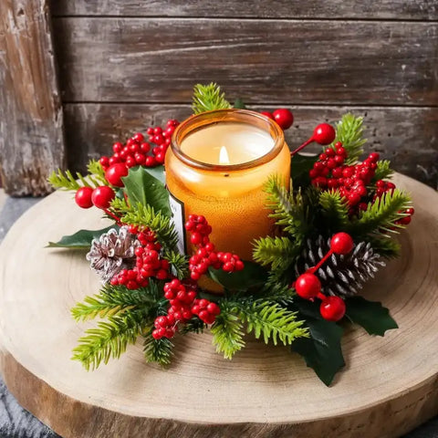 Emesa Home Red Berry & Pinecone Decorative Candle Wreath Centerpiece