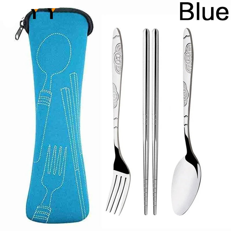 Blue neoprene carrying case with a zipper, shown next to a stainless steel folding spoon, chopsticks, and fork on a white background. The text 'JJYY' appears in the top-left corner and 'Blue' is written in the top-right.