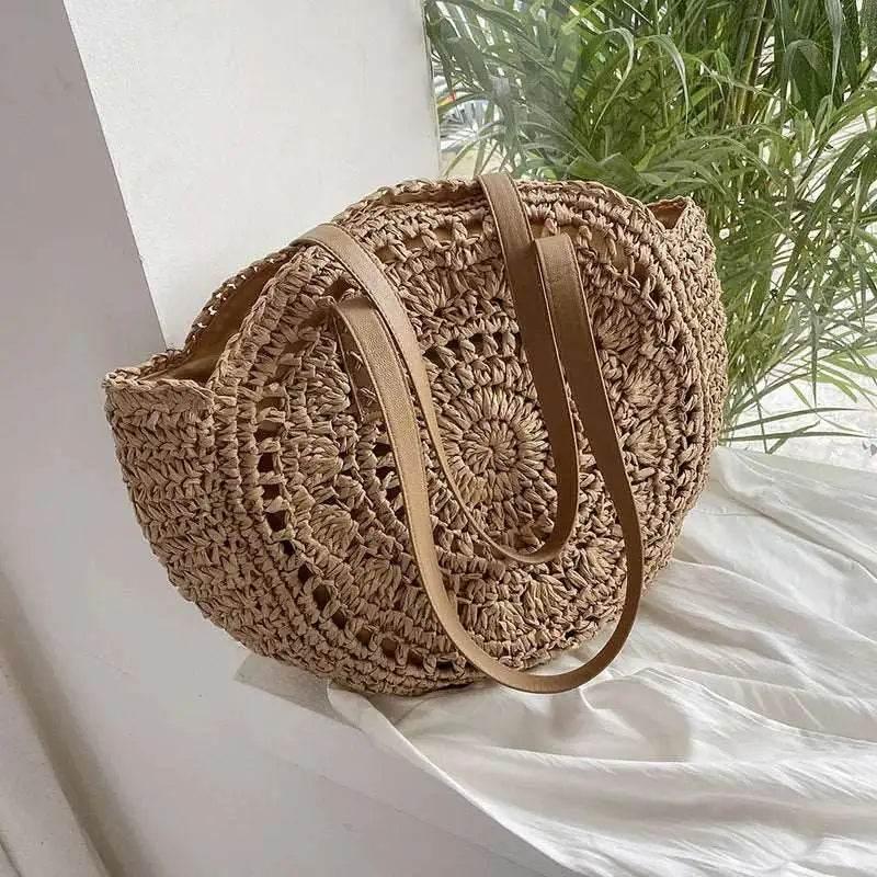 EMESA HOME Summer Round Straw Bags for Women Handmade Woven Rattan Shoulder Bag, Large Capacity Beach Handbag, Travel Tote Bag - EMESA HOME™