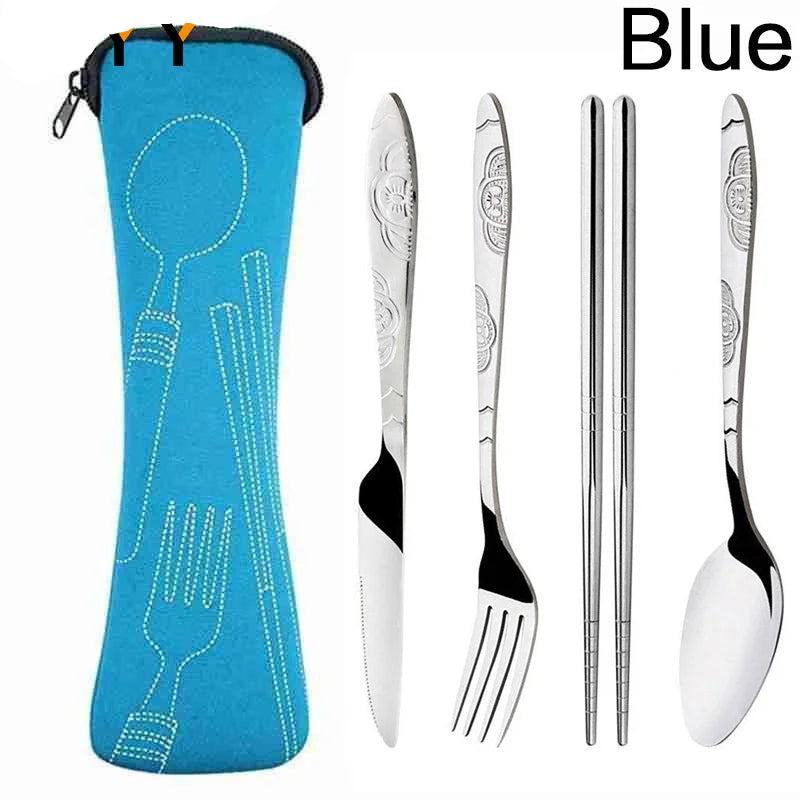 A 5-piece stainless steel cutlery set with engraved handles, shown next to its blue fabric carrying case on a white background. The text 'JJYY' is in the top-left corner and 'Blue' is in the top-right.