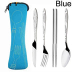 A 5-piece stainless steel cutlery set with engraved handles, shown next to its blue fabric carrying case on a white background. The text 'JJYY' is in the top-left corner and 'Blue' is in the top-right.